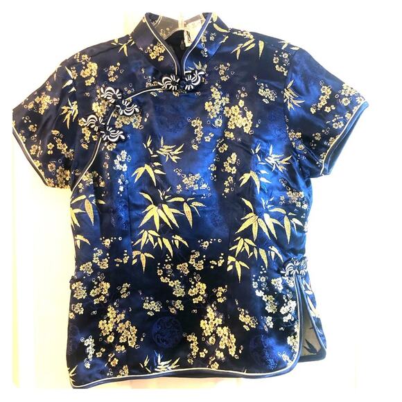 Mandarian Collar Blue/Gold short sleeved Oriental Blouse M - Picture 1 of 11